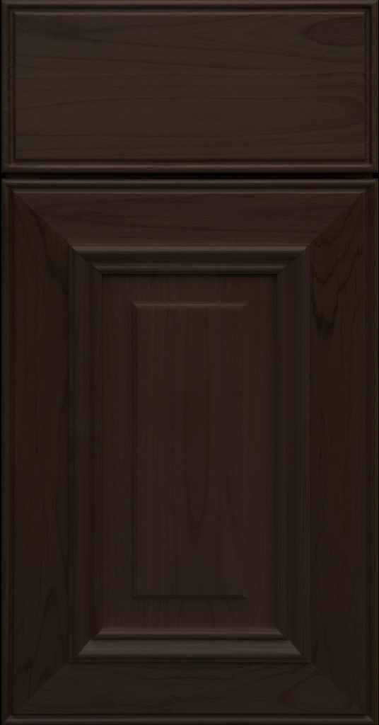 Custom Chocolate Stain Anderson Raised Panel Kitchen Cabinet Door and matching Slab Drawer Front.